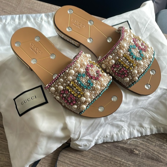 GUCCI LIMITED EDITION GUCCY LUPE PEARL CRYSTAL EMBELLISHED SLIDE SANDAL SIZE 38 - Picture 9 of 11